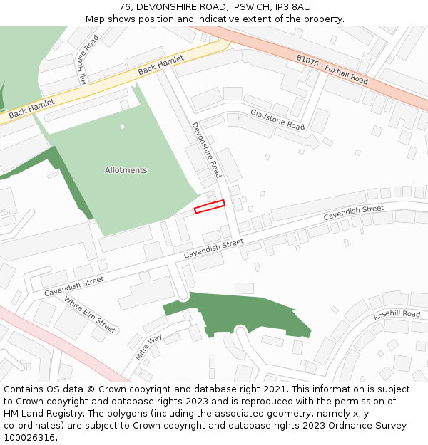 76, DEVONSHIRE ROAD, IPSWICH, IP3 8AU: Location map and indicative extent of plot