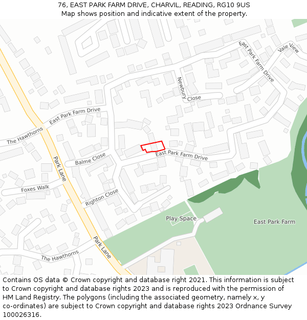 76, EAST PARK FARM DRIVE, CHARVIL, READING, RG10 9US: Location map and indicative extent of plot