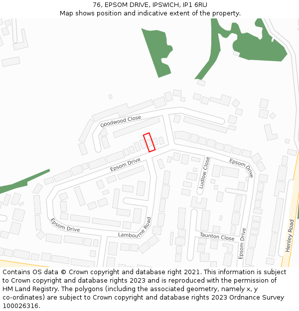 76, EPSOM DRIVE, IPSWICH, IP1 6RU: Location map and indicative extent of plot