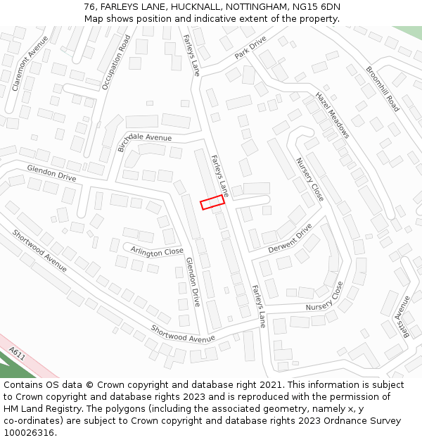 76, FARLEYS LANE, HUCKNALL, NOTTINGHAM, NG15 6DN: Location map and indicative extent of plot