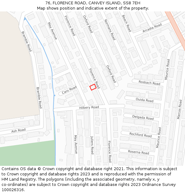 76, FLORENCE ROAD, CANVEY ISLAND, SS8 7EH: Location map and indicative extent of plot