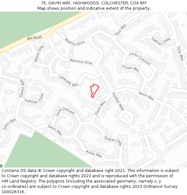 76, GAVIN WAY, HIGHWOODS, COLCHESTER, CO4 9FF: Location map and indicative extent of plot