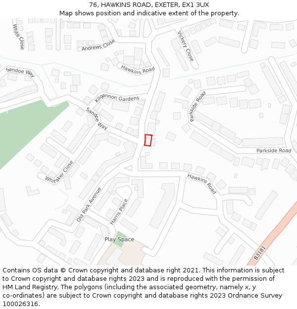76, HAWKINS ROAD, EXETER, EX1 3UX: Location map and indicative extent of plot