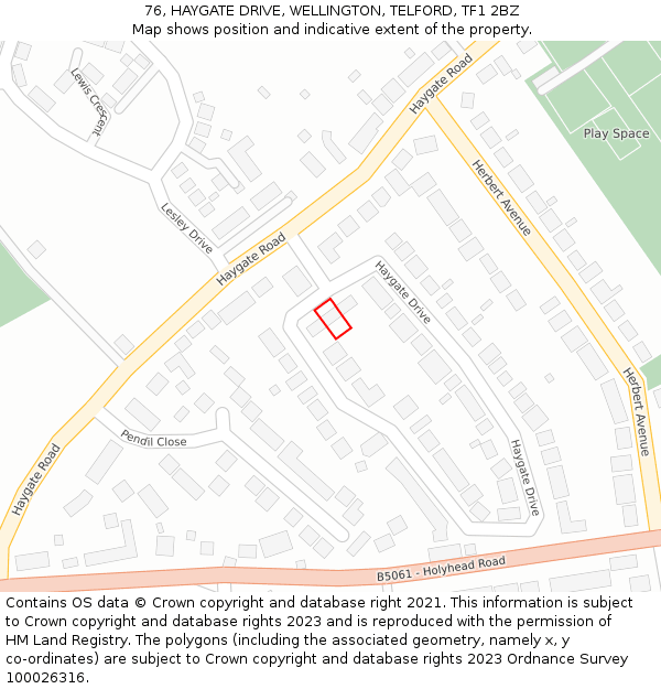 76, HAYGATE DRIVE, WELLINGTON, TELFORD, TF1 2BZ: Location map and indicative extent of plot