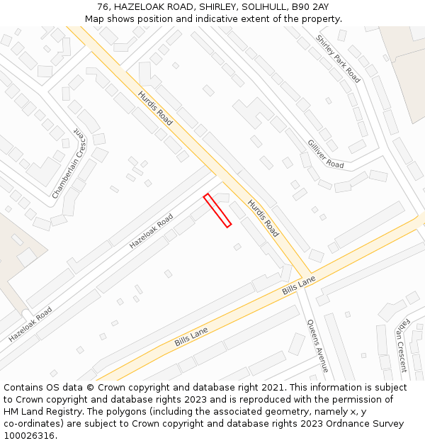 76, HAZELOAK ROAD, SHIRLEY, SOLIHULL, B90 2AY: Location map and indicative extent of plot