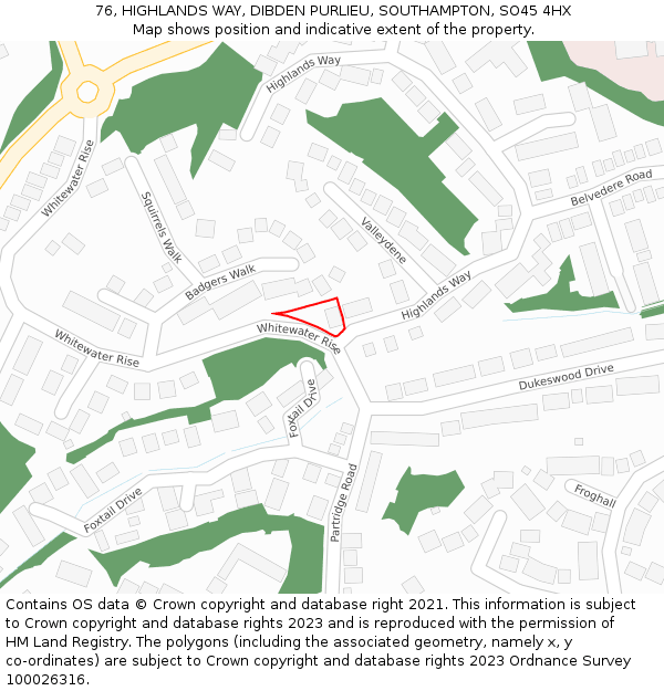 76, HIGHLANDS WAY, DIBDEN PURLIEU, SOUTHAMPTON, SO45 4HX: Location map and indicative extent of plot