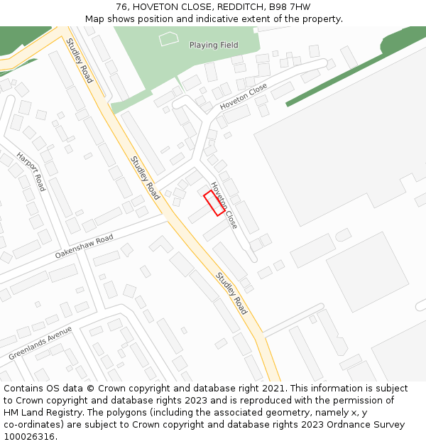 76, HOVETON CLOSE, REDDITCH, B98 7HW: Location map and indicative extent of plot