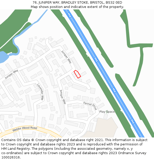 76, JUNIPER WAY, BRADLEY STOKE, BRISTOL, BS32 0ED: Location map and indicative extent of plot