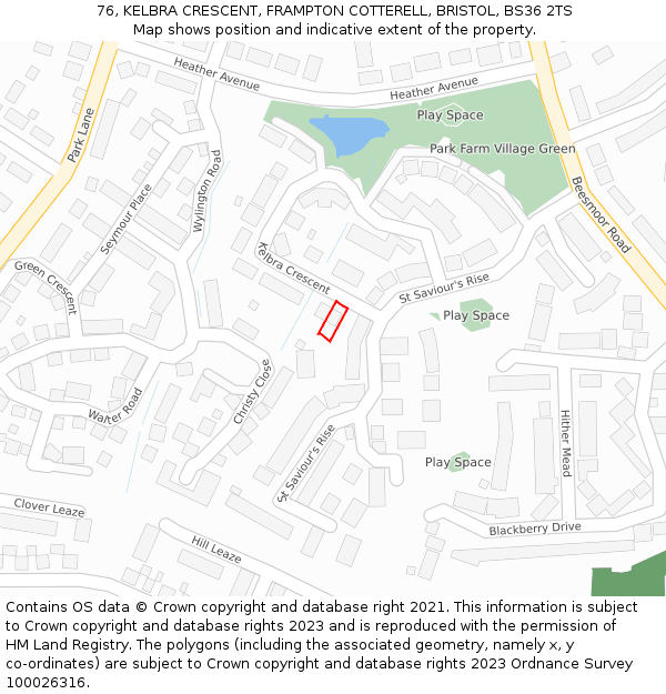 76, KELBRA CRESCENT, FRAMPTON COTTERELL, BRISTOL, BS36 2TS: Location map and indicative extent of plot