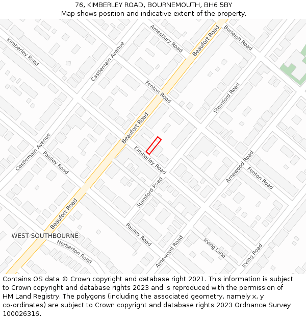 76, KIMBERLEY ROAD, BOURNEMOUTH, BH6 5BY: Location map and indicative extent of plot