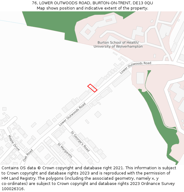 76, LOWER OUTWOODS ROAD, BURTON-ON-TRENT, DE13 0QU: Location map and indicative extent of plot