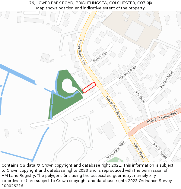 76, LOWER PARK ROAD, BRIGHTLINGSEA, COLCHESTER, CO7 0JX: Location map and indicative extent of plot