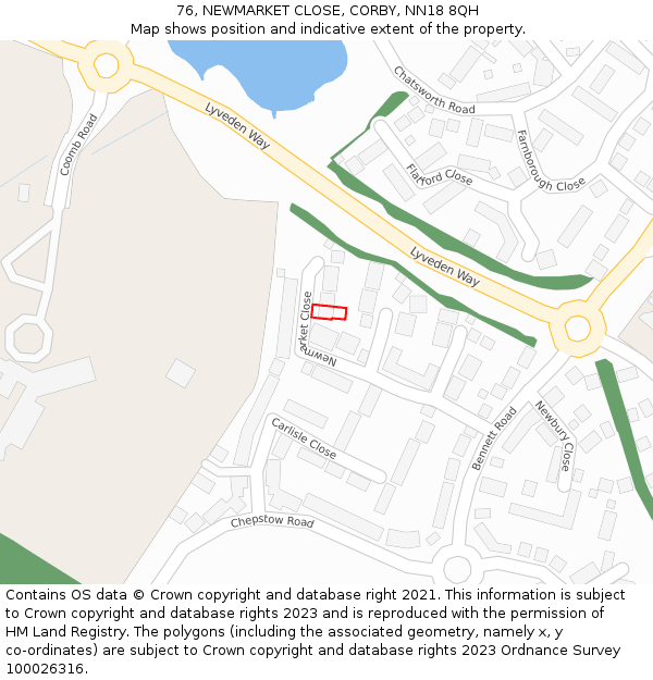 76, NEWMARKET CLOSE, CORBY, NN18 8QH: Location map and indicative extent of plot