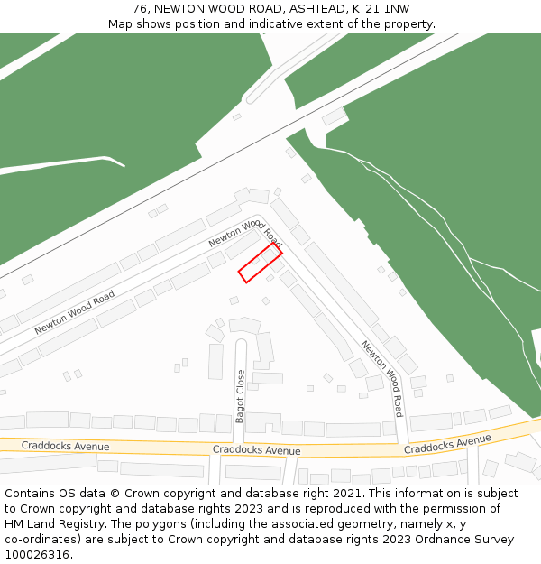 76, NEWTON WOOD ROAD, ASHTEAD, KT21 1NW: Location map and indicative extent of plot