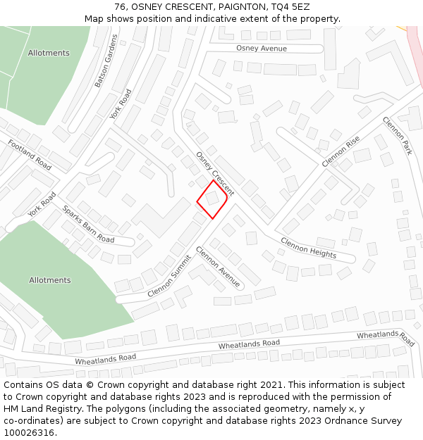 76, OSNEY CRESCENT, PAIGNTON, TQ4 5EZ: Location map and indicative extent of plot