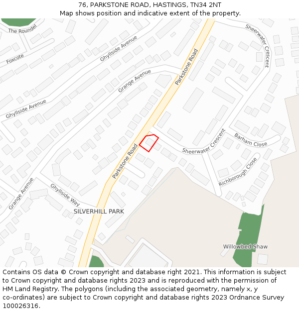 76, PARKSTONE ROAD, HASTINGS, TN34 2NT: Location map and indicative extent of plot