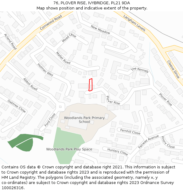 76, PLOVER RISE, IVYBRIDGE, PL21 9DA: Location map and indicative extent of plot
