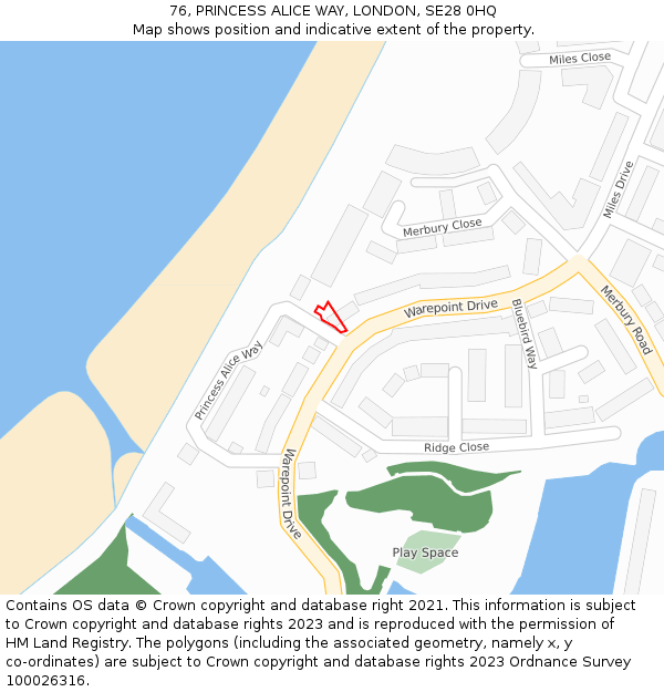 76, PRINCESS ALICE WAY, LONDON, SE28 0HQ: Location map and indicative extent of plot