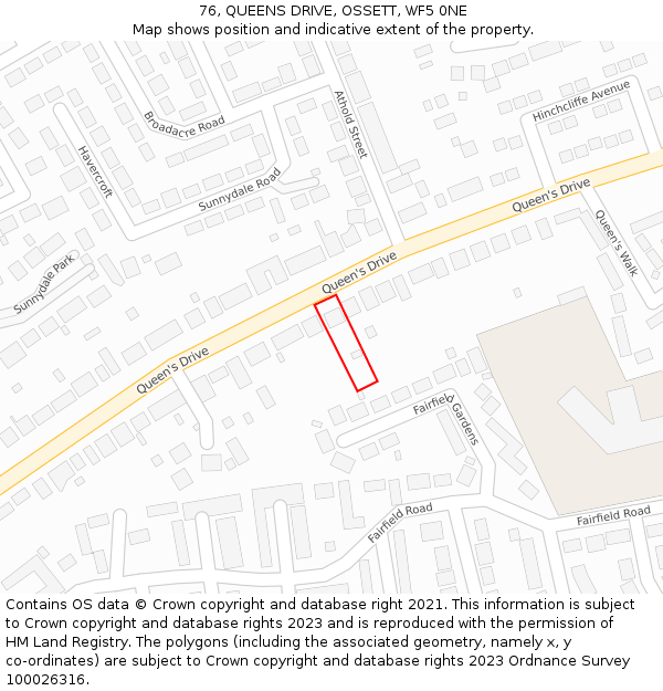 76, QUEENS DRIVE, OSSETT, WF5 0NE: Location map and indicative extent of plot
