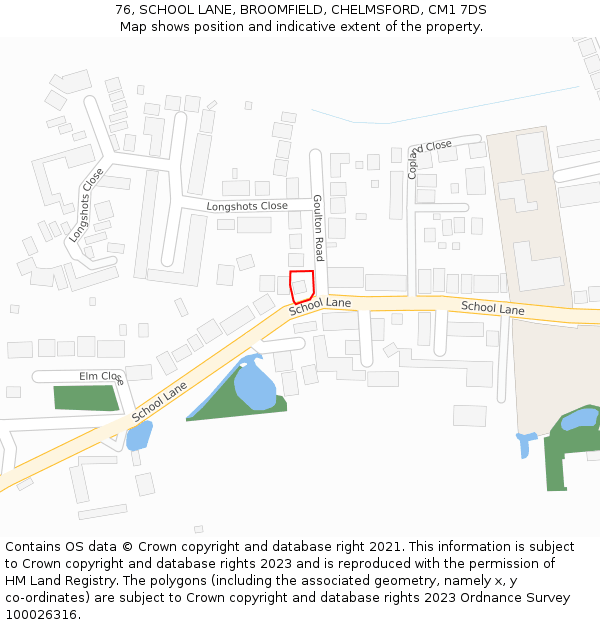 76, SCHOOL LANE, BROOMFIELD, CHELMSFORD, CM1 7DS: Location map and indicative extent of plot