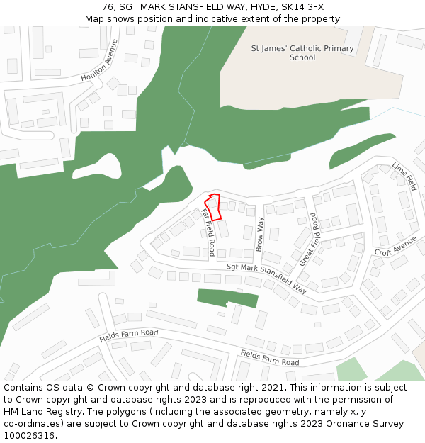 76, SGT MARK STANSFIELD WAY, HYDE, SK14 3FX: Location map and indicative extent of plot