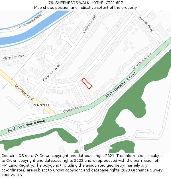 76, SHEPHERDS WALK, HYTHE, CT21 6PZ: Location map and indicative extent of plot