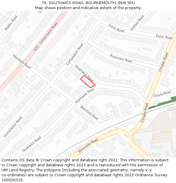 76, SOUTHWICK ROAD, BOURNEMOUTH, BH6 5PU: Location map and indicative extent of plot