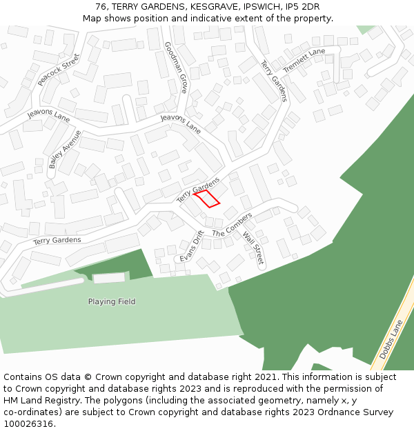 76, TERRY GARDENS, KESGRAVE, IPSWICH, IP5 2DR: Location map and indicative extent of plot