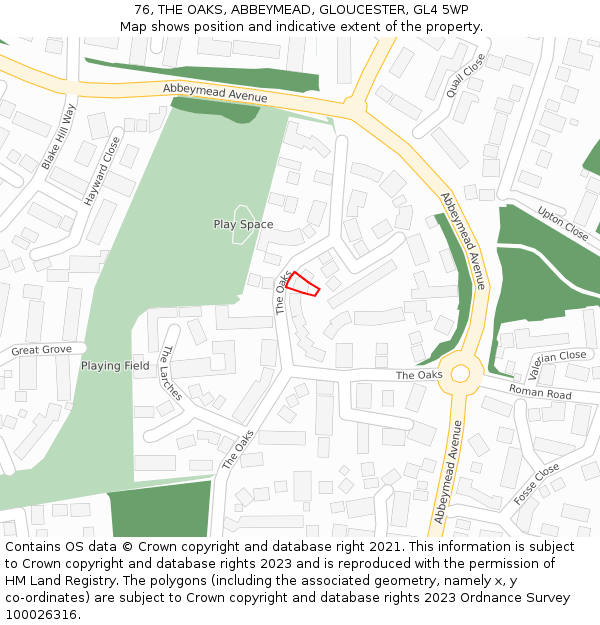 76, THE OAKS, ABBEYMEAD, GLOUCESTER, GL4 5WP: Location map and indicative extent of plot