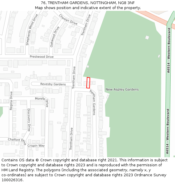 76, TRENTHAM GARDENS, NOTTINGHAM, NG8 3NF: Location map and indicative extent of plot