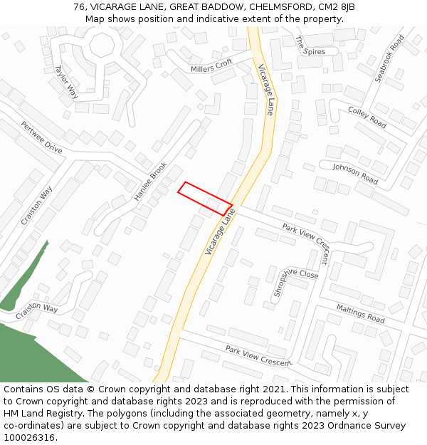 76, VICARAGE LANE, GREAT BADDOW, CHELMSFORD, CM2 8JB: Location map and indicative extent of plot