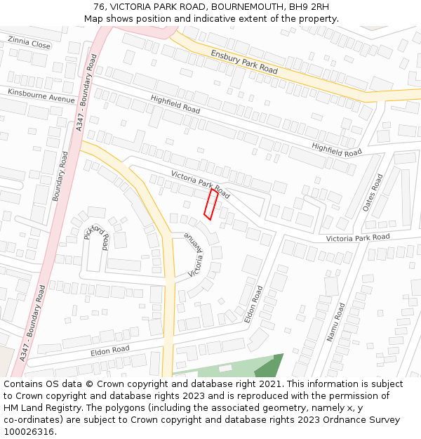 76, VICTORIA PARK ROAD, BOURNEMOUTH, BH9 2RH: Location map and indicative extent of plot