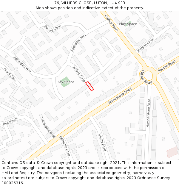 76, VILLIERS CLOSE, LUTON, LU4 9FR: Location map and indicative extent of plot
