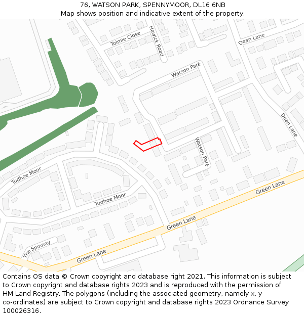 76, WATSON PARK, SPENNYMOOR, DL16 6NB: Location map and indicative extent of plot