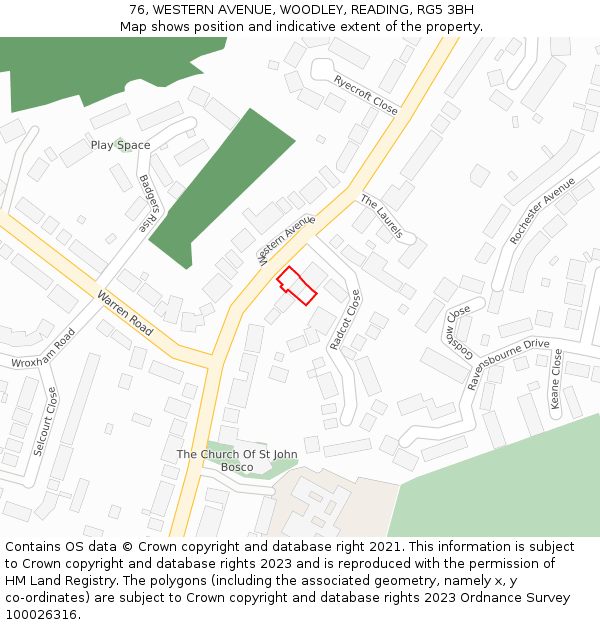 76, WESTERN AVENUE, WOODLEY, READING, RG5 3BH: Location map and indicative extent of plot