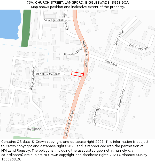 76A, CHURCH STREET, LANGFORD, BIGGLESWADE, SG18 9QA: Location map and indicative extent of plot