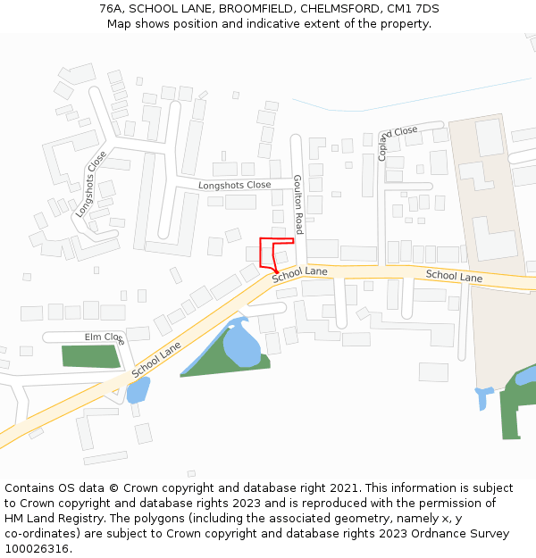 76A, SCHOOL LANE, BROOMFIELD, CHELMSFORD, CM1 7DS: Location map and indicative extent of plot