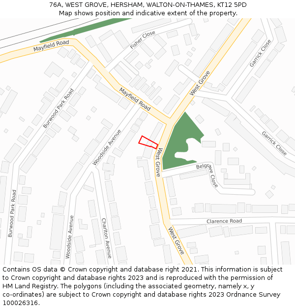 76A, WEST GROVE, HERSHAM, WALTON-ON-THAMES, KT12 5PD: Location map and indicative extent of plot