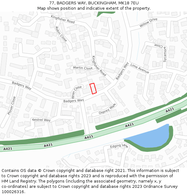 77, BADGERS WAY, BUCKINGHAM, MK18 7EU: Location map and indicative extent of plot
