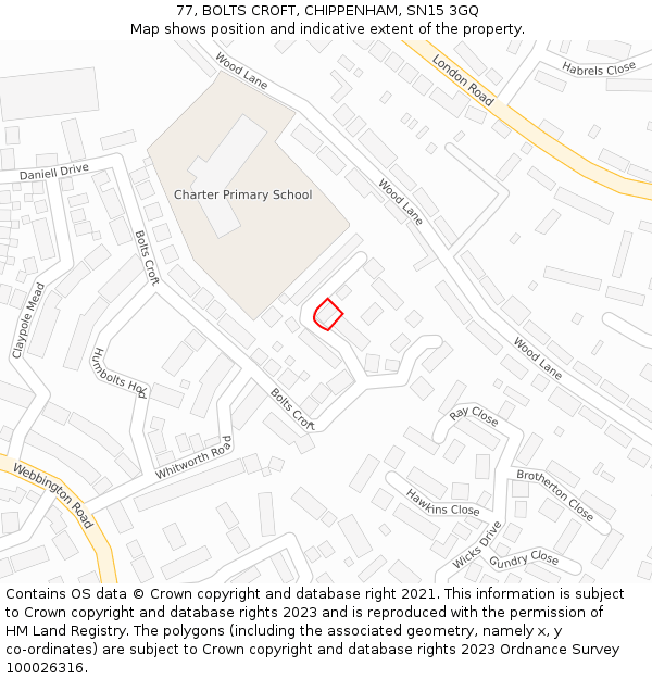 77, BOLTS CROFT, CHIPPENHAM, SN15 3GQ: Location map and indicative extent of plot