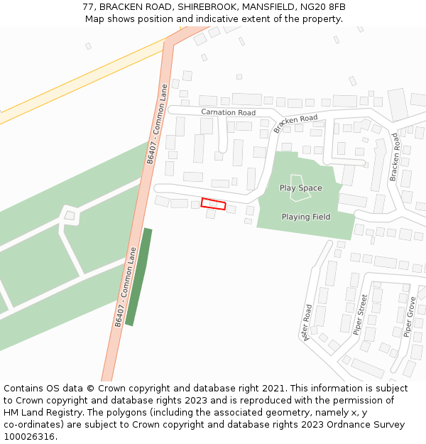 77, BRACKEN ROAD, SHIREBROOK, MANSFIELD, NG20 8FB: Location map and indicative extent of plot