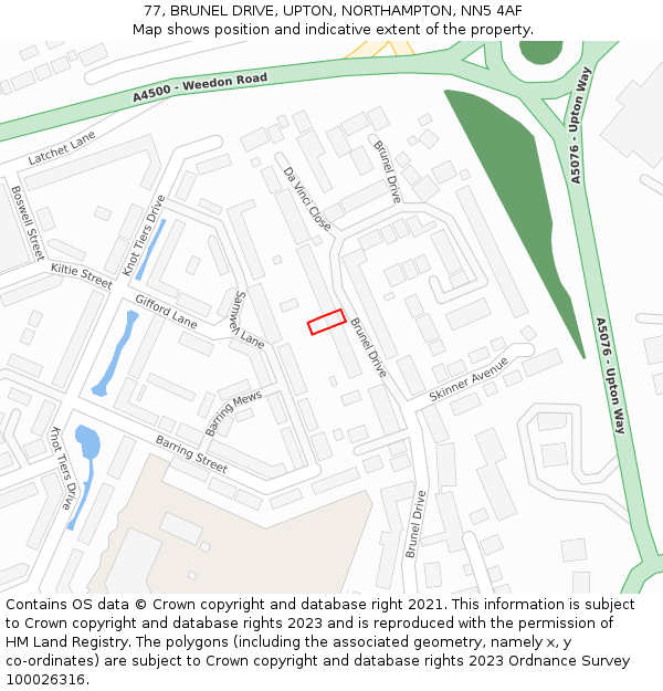 77, BRUNEL DRIVE, UPTON, NORTHAMPTON, NN5 4AF: Location map and indicative extent of plot