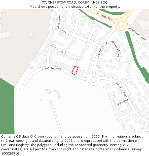 77, CHEPSTOW ROAD, CORBY, NN18 8QQ: Location map and indicative extent of plot