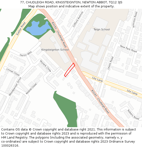77, CHUDLEIGH ROAD, KINGSTEIGNTON, NEWTON ABBOT, TQ12 3JS: Location map and indicative extent of plot
