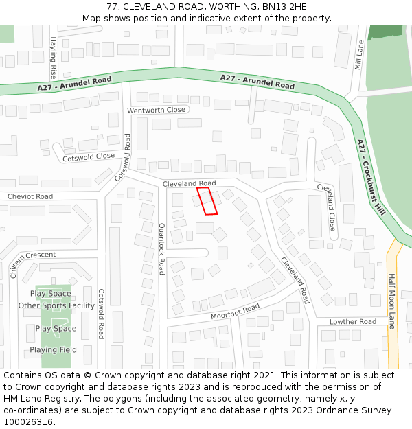77, CLEVELAND ROAD, WORTHING, BN13 2HE: Location map and indicative extent of plot