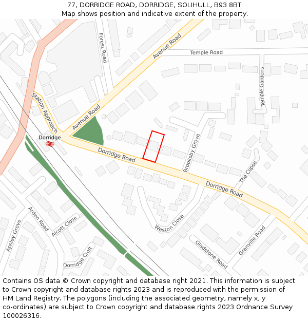 77, DORRIDGE ROAD, DORRIDGE, SOLIHULL, B93 8BT: Location map and indicative extent of plot