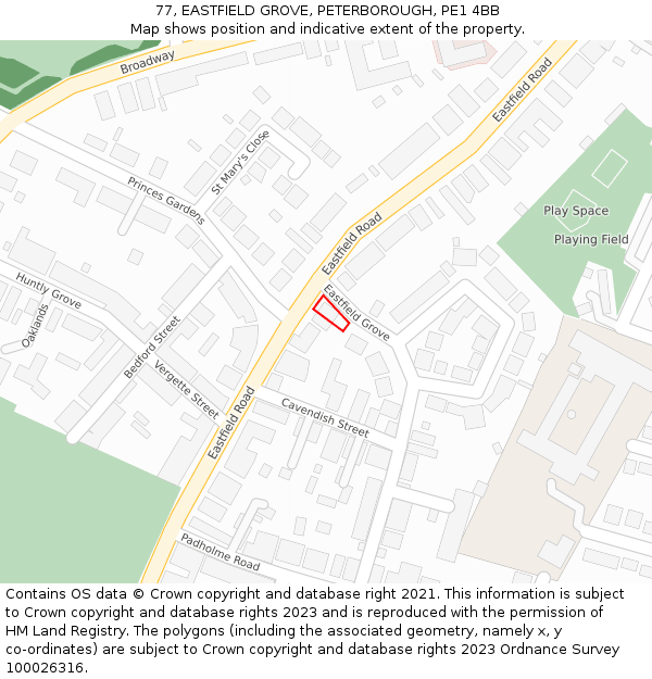 77, EASTFIELD GROVE, PETERBOROUGH, PE1 4BB: Location map and indicative extent of plot