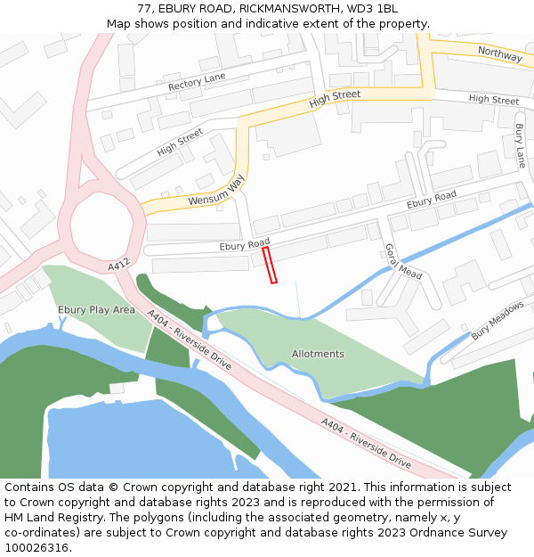 77, EBURY ROAD, RICKMANSWORTH, WD3 1BL: Location map and indicative extent of plot