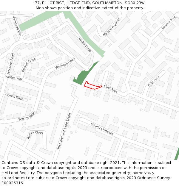 77, ELLIOT RISE, HEDGE END, SOUTHAMPTON, SO30 2RW: Location map and indicative extent of plot