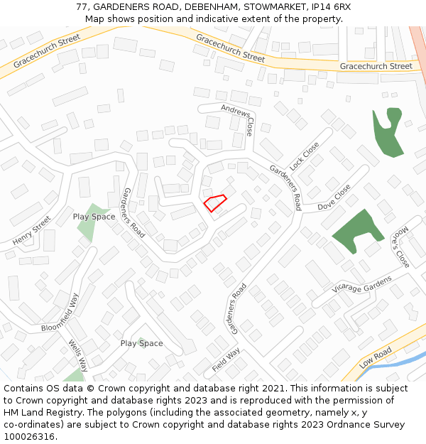 77, GARDENERS ROAD, DEBENHAM, STOWMARKET, IP14 6RX: Location map and indicative extent of plot